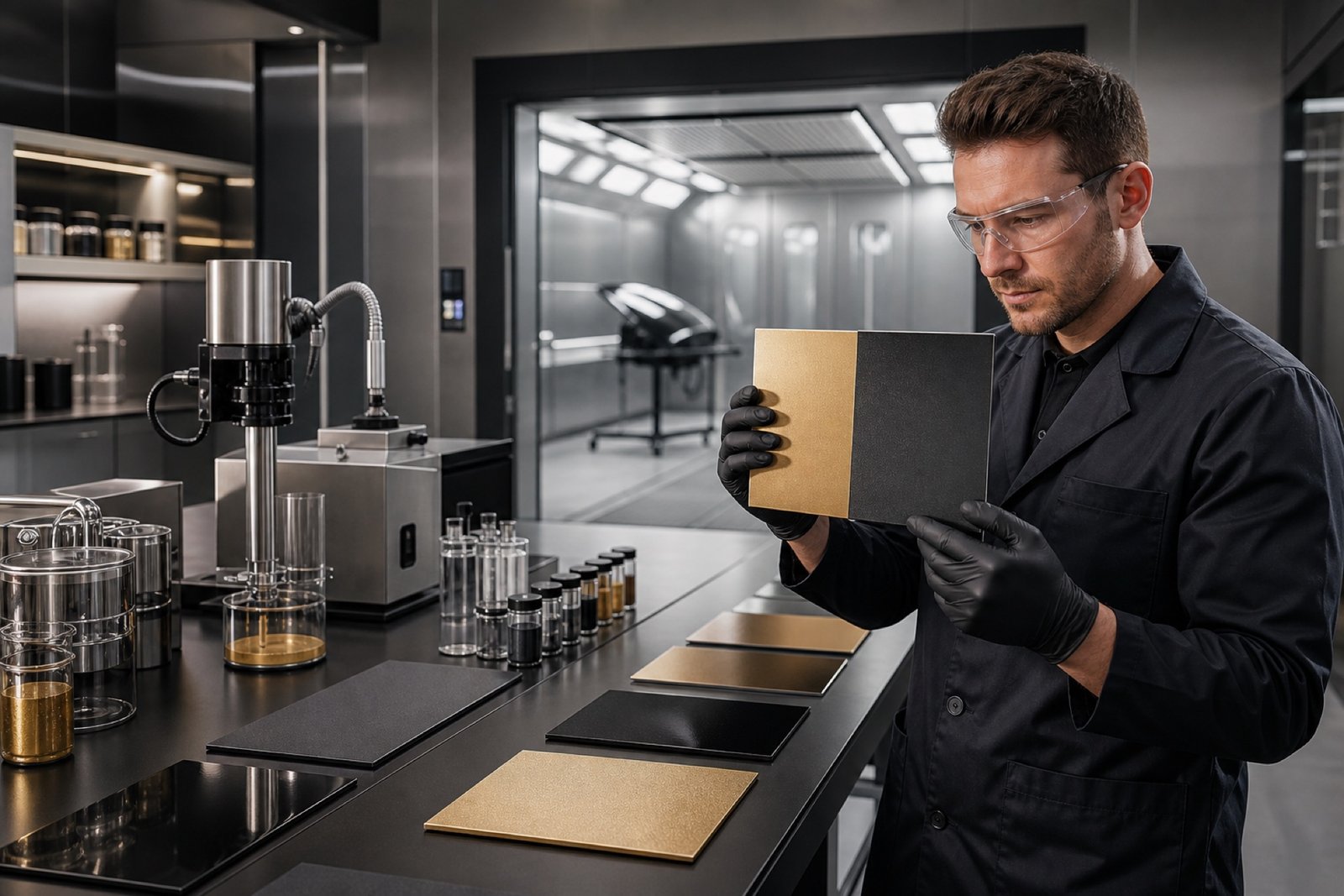 YK Coating laboratory specialist inspecting coated test panels